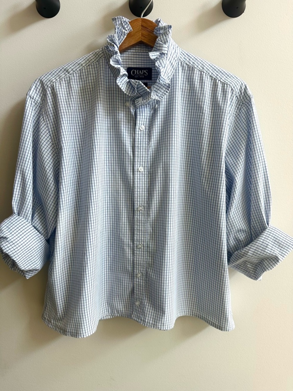 Reworked CHAPS Button Down Ruffle Collar Scandinavian Ribbon Top | OOAK | XL - Picture 4 of 10